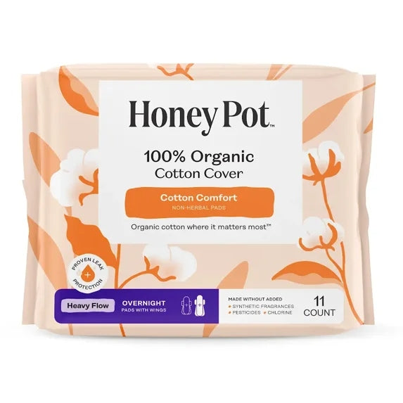 Honey Pot 100% Organic Cotton Cover Cotton Comfort Heavy Flow Overnight Pads, 11ct (PACK OF 3 )