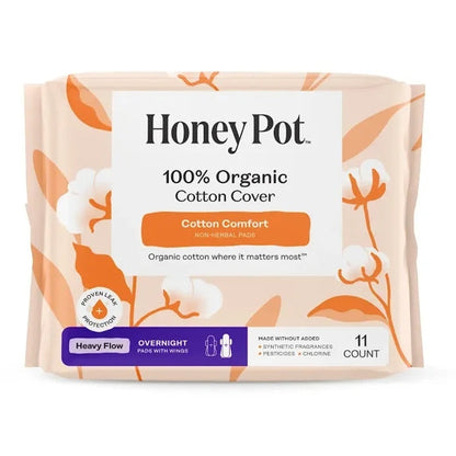 Honey Pot 100% Organic Cotton Cover Cotton Comfort Heavy Flow Overnight Pads, 11ct (PACK OF 3 )