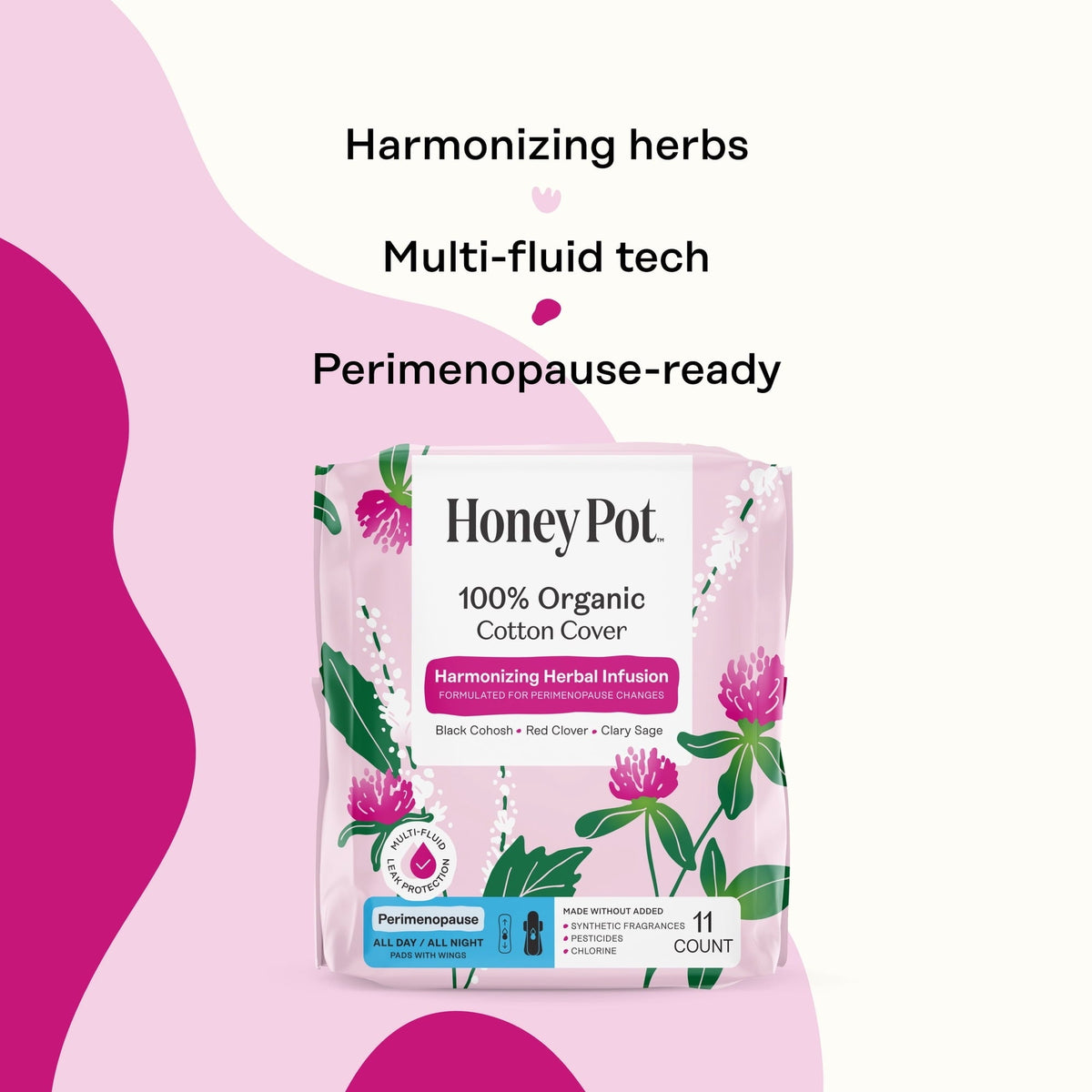 Honey Pot 100% Organic Cotton Cover Peri-menopause All Day and Night Pad, 11 Count (PACK OF 3 )