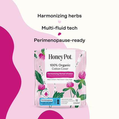 Honey Pot 100% Organic Cotton Cover Peri-menopause All Day and Night Pad, 11 Count (PACK OF 3 )