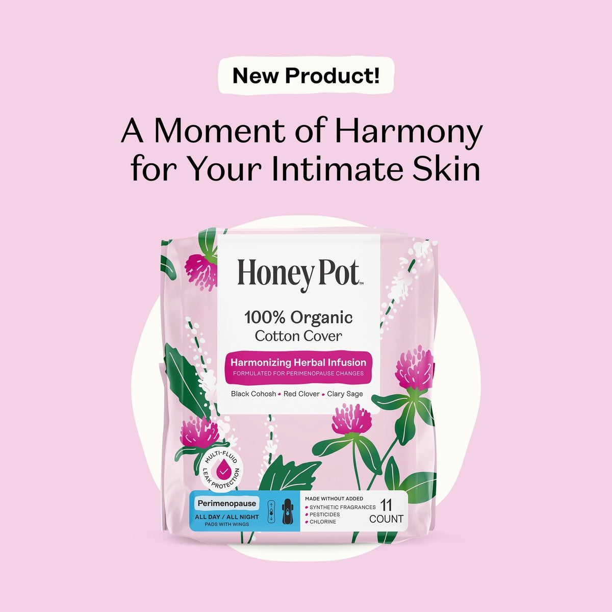 Honey Pot 100% Organic Cotton Cover Peri-menopause All Day and Night Pad, 11 Count (PACK OF 3 )