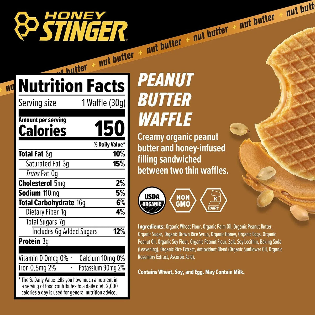 Honey Stinger Organic Energy Waffle, Peanut Butter, Caffeine Free Healthy Snack, 1.06 oz.,12 pk.