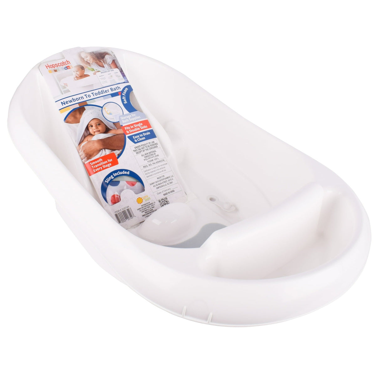 Hopscotch Lane 3-in-1 Baby Bathtub with Sling, White, Newborn to Toddler, Ages 0+ Months