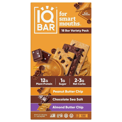 IQBAR Plant Protein Bars, Variety Pack, 1.6 oz, 18-count