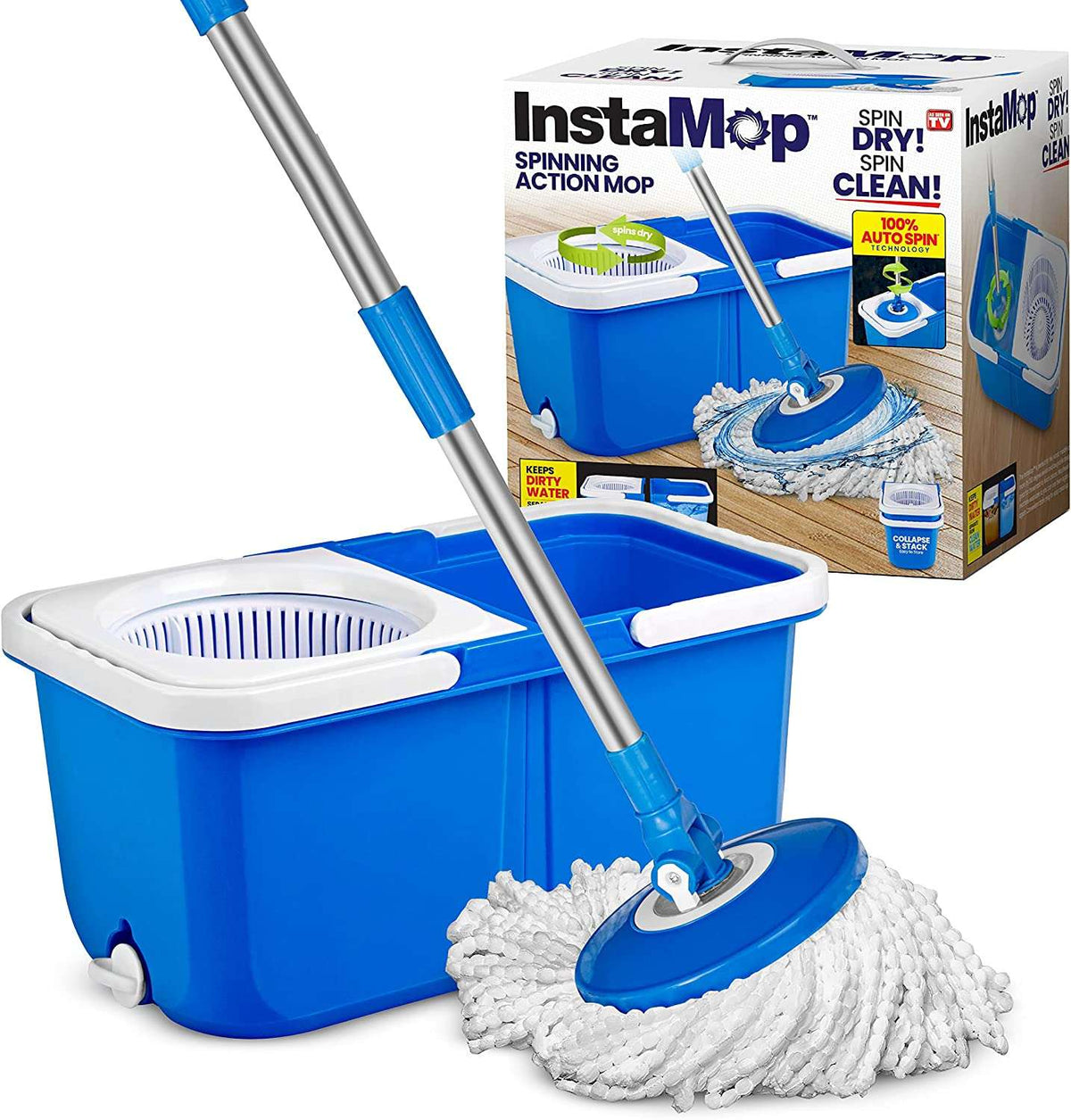Insta Mop Spin Mop and Bucket with Wringer Microfiber Mop Head Floor Cleaning for Hardwood Tile