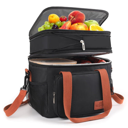 Insulated Lunch Bag for Women/Men, 17L Expandable Double Deck Lunch Cooler Box, Lightweight Leakproof Lunch Tote Bag W/ Side Tissue Pocket&Adjustable Shoulder Strap, Suit for Work,Picnic,Black