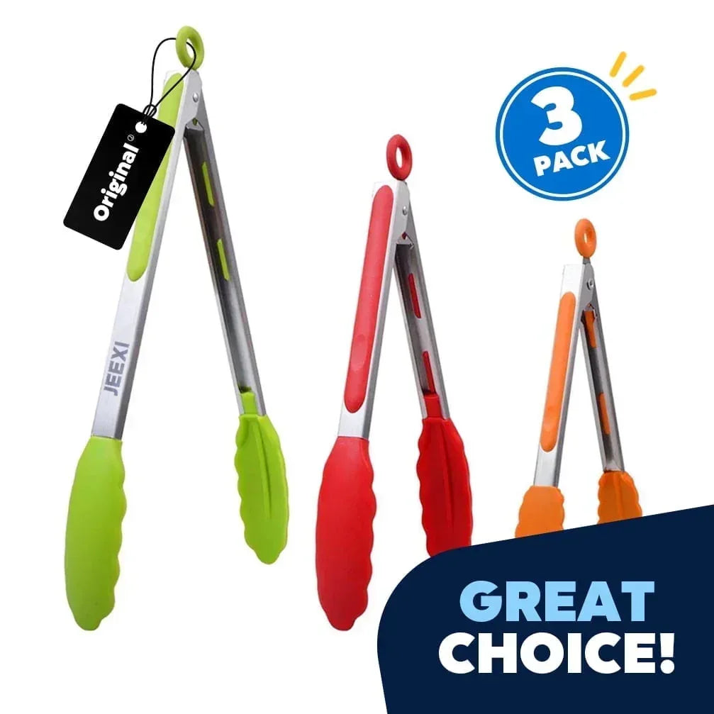 JEEXI Non-Stick Black Kitchen Tongs for Cooking with Silicone Tips Stainless Steel Tongs 450℉ Locking Set 3, Cooking Serving Grilling Barbecuing Salads Kitchen Clips Easy to Use