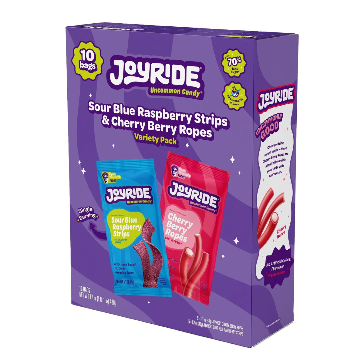 JOYRIDE Assorted Candy Box, Sour Blue Raspberry Strips & Cherry Berry Ropes, 1.7 oz., 10 pk.