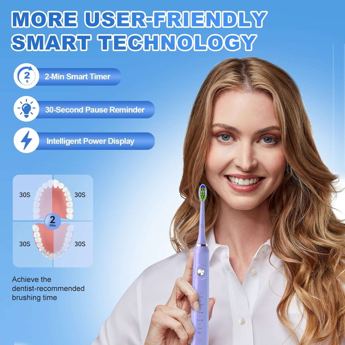 JTF Sonic Electric Toothbrush for Adults and Kids with Travel Case and 6 Brush Heads, 5 Modes 40000 VPM Rechargeable Power Toothbrush with Wireless Charger, IPX7 Waterproof 60-Day Battery Life,Purple