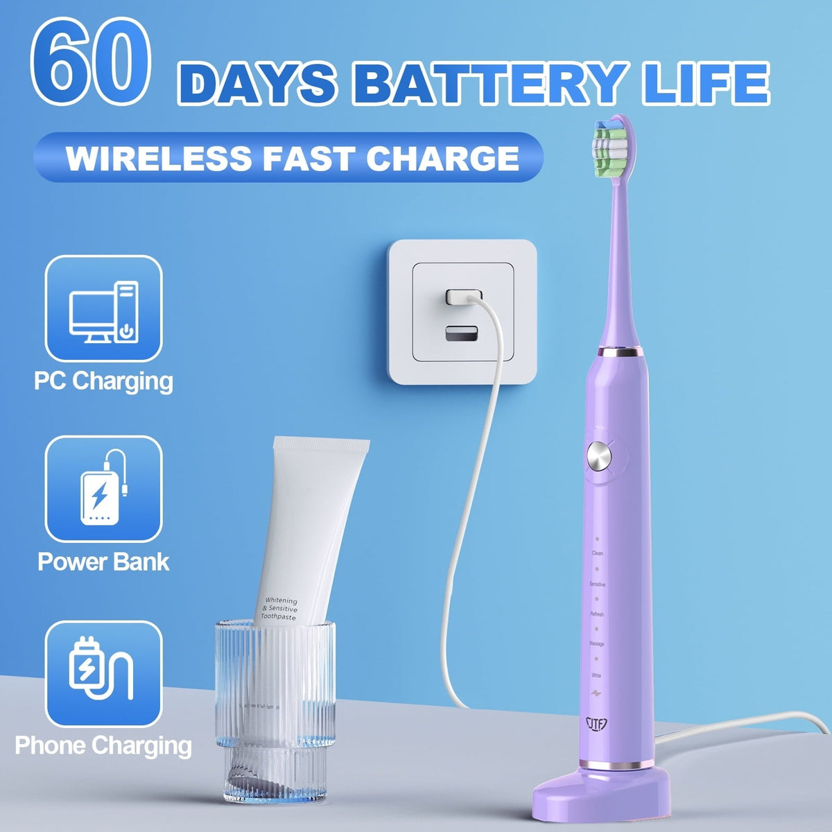 JTF Sonic Electric Toothbrush for Adults and Kids with Travel Case and 6 Brush Heads, 5 Modes 40000 VPM Rechargeable Power Toothbrush with Wireless Charger, IPX7 Waterproof 60-Day Battery Life,Purple