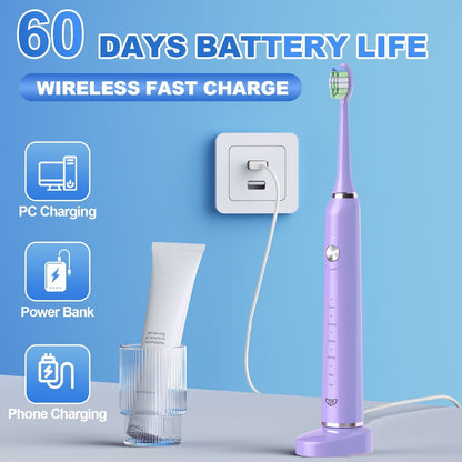 JTF Sonic Electric Toothbrush for Adults and Kids with Travel Case and 6 Brush Heads, 5 Modes 40000 VPM Rechargeable Power Toothbrush with Wireless Charger, IPX7 Waterproof 60-Day Battery Life,Purple