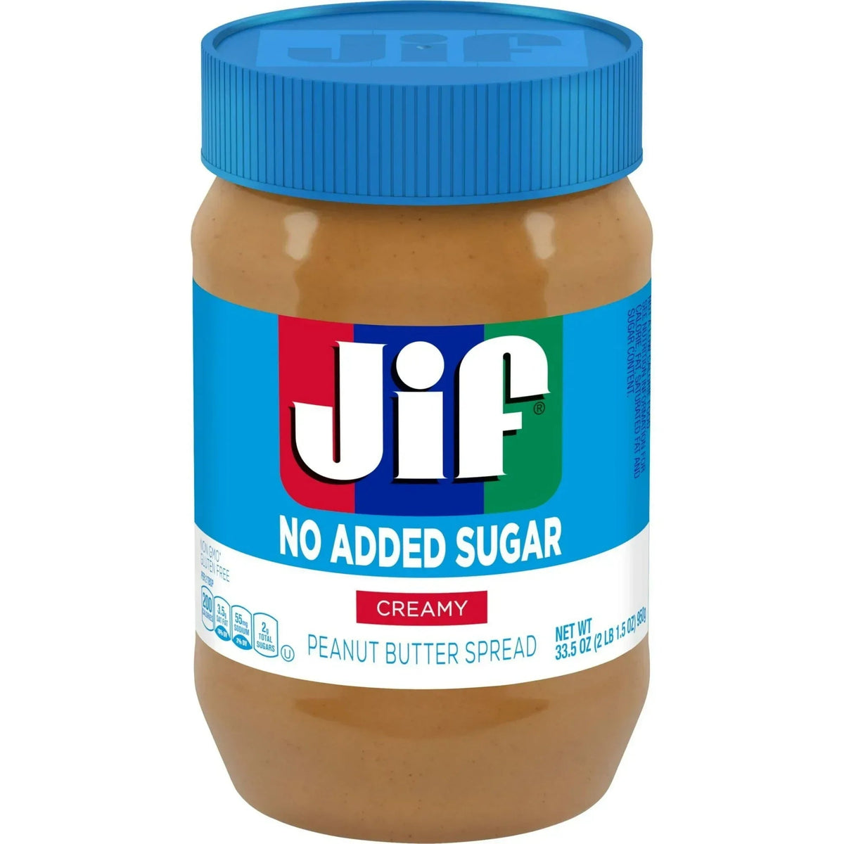 Jif No Added Sugar Creamy Peanut Butter Spread, 33.5 oz - Smooth, Creamy Texture, No Stir Peanut Butter Spread