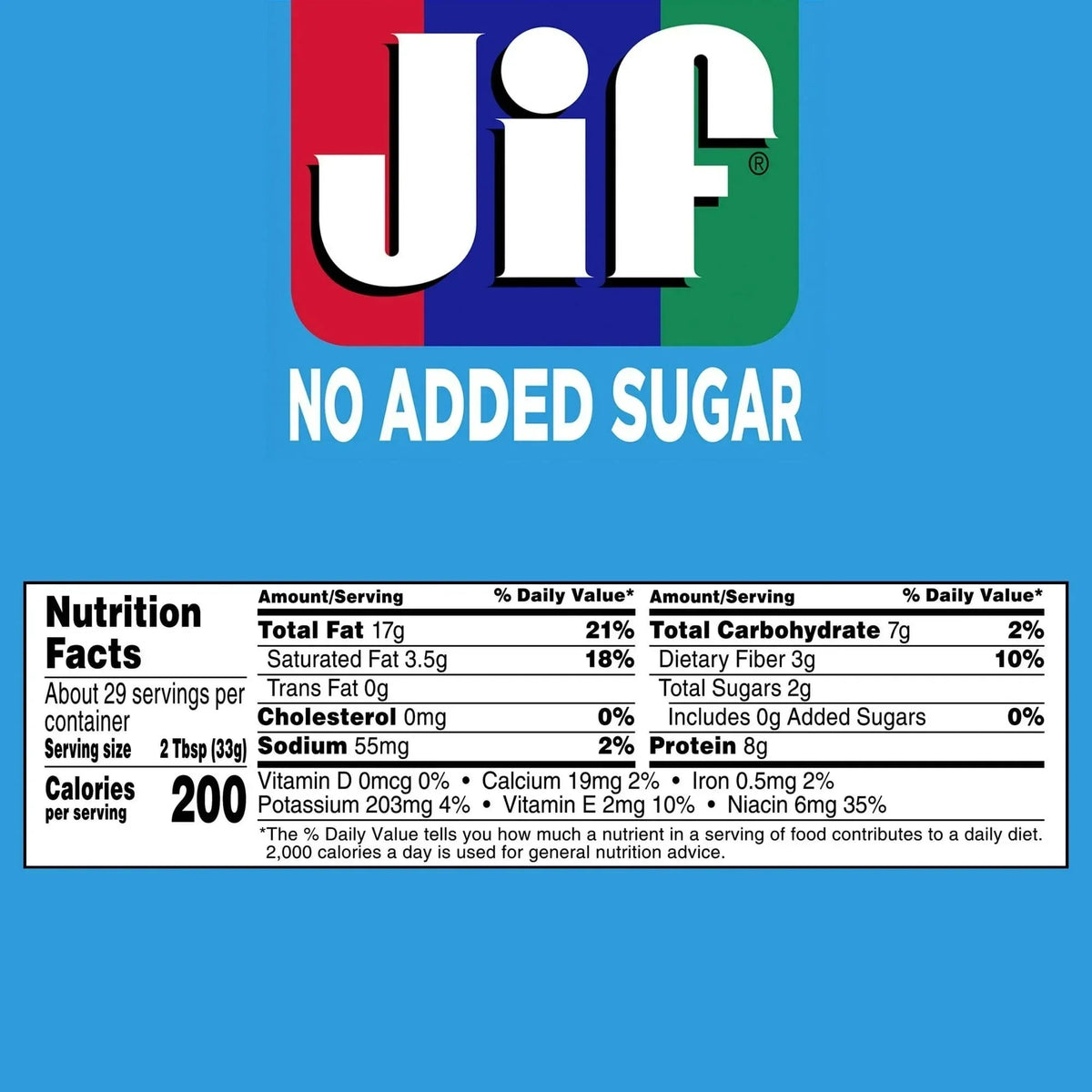 Jif No Added Sugar Creamy Peanut Butter Spread, 33.5 oz - Smooth, Creamy Texture, No Stir Peanut Butter Spread
