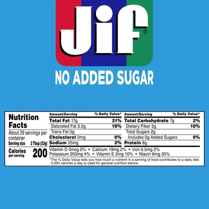Jif No Added Sugar Creamy Peanut Butter Spread, 33.5 oz - Smooth, Creamy Texture, No Stir Peanut Butter Spread