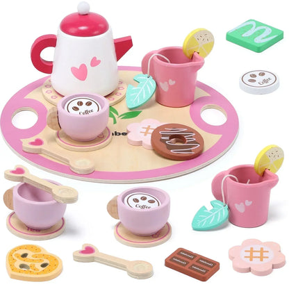 JoyStone Wooden Tea Party Set for Toddlers, Pretend Play Tea Sets for Kids with Storage Cupcake Stand, Wooden Toys Gifts for Girls & Boys