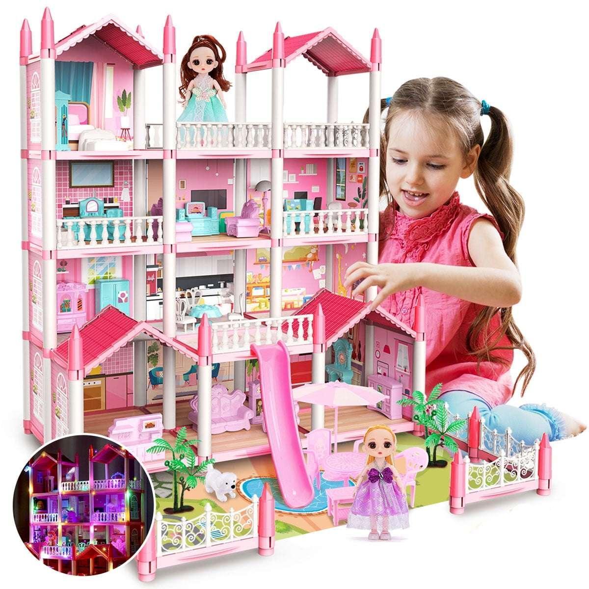 JoyStone Play Dollhouse with Doll Toy Figures, 14 Rooms Furniture and Colorful Lights, Creative Doll House Gift for Girls Ages 3+, Assemble Required, Pink