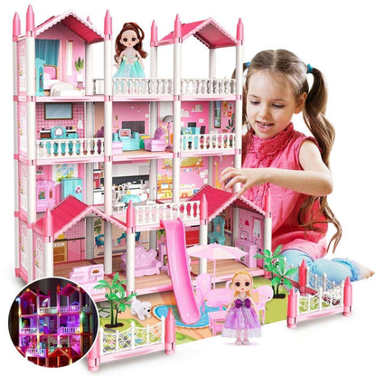 JoyStone Play Dollhouse with Doll Toy Figures, 14 Rooms Furniture and Colorful Lights, Creative Doll House Gift for Girls Ages 3+, Assemble Required, Pink