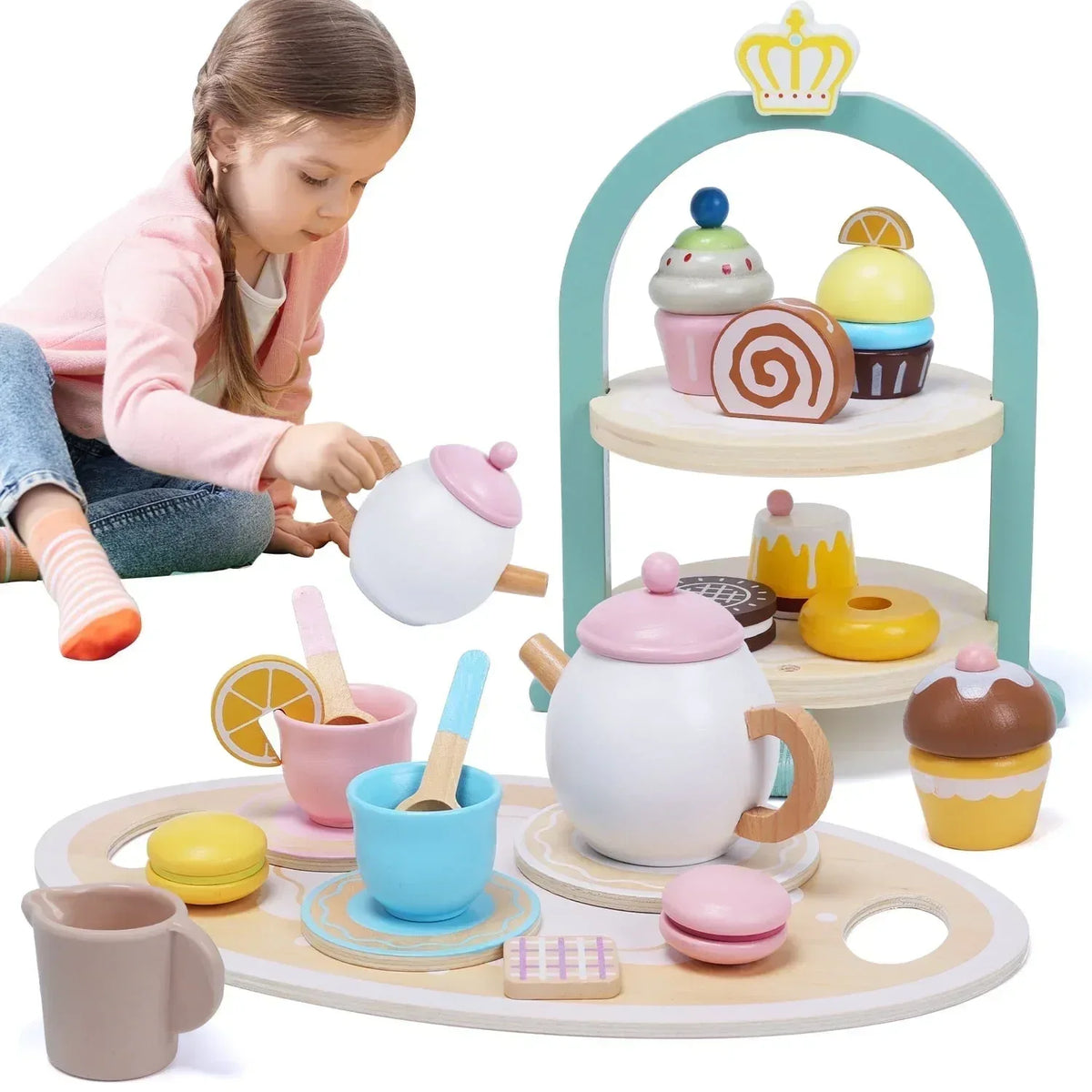 JoyStone Wooden Tea Party Set for Toddlers, Pretend Play Tea Sets for Kids with Storage Cupcake Stand, Wooden Toys Gifts for Girls & Boys