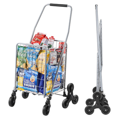 KFFKFF 45L Stair Climbing Grocery Cart with 360° Swivel Wheels, Foldable and Lightweight Utility Cart for Laundry, Travel, and Shopping, Silver