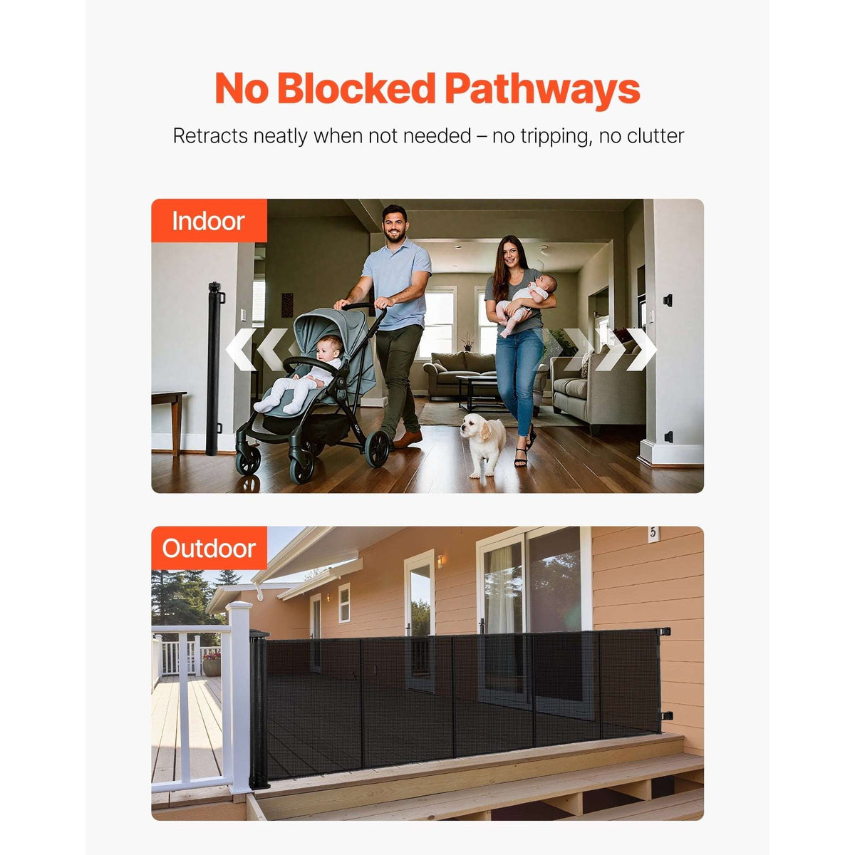 KFFKFF Retractable Baby Gate, Expands Up to 122 Inches Wide, 31.3 Inches High, with Durable Fiberglass Strips, Prevents Crawling, Mesh Pet Barrier for Decks, Doorways, Garages, Indoor Use, Black