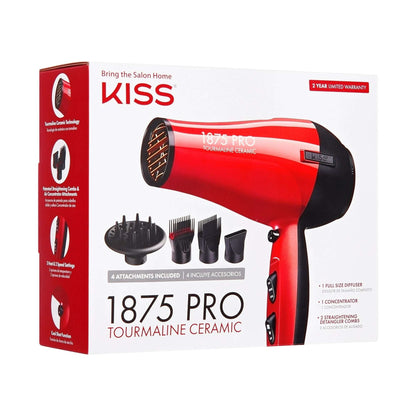 KISS Red Tourmaline Ceramic Hair Dryer with 4 Additional Styling Attachments, 1875 Watts, Red