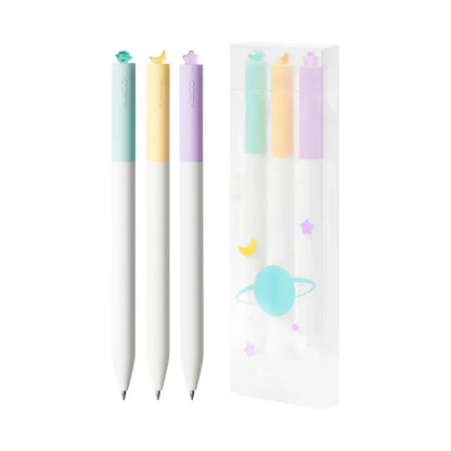 Kaco FIRST Gel Pens Cute Stationery Black Ink 3 Pieces, 0.5 mm Fine Point, Aesthetic Cute Star Pens for Journaling (Planet Series)