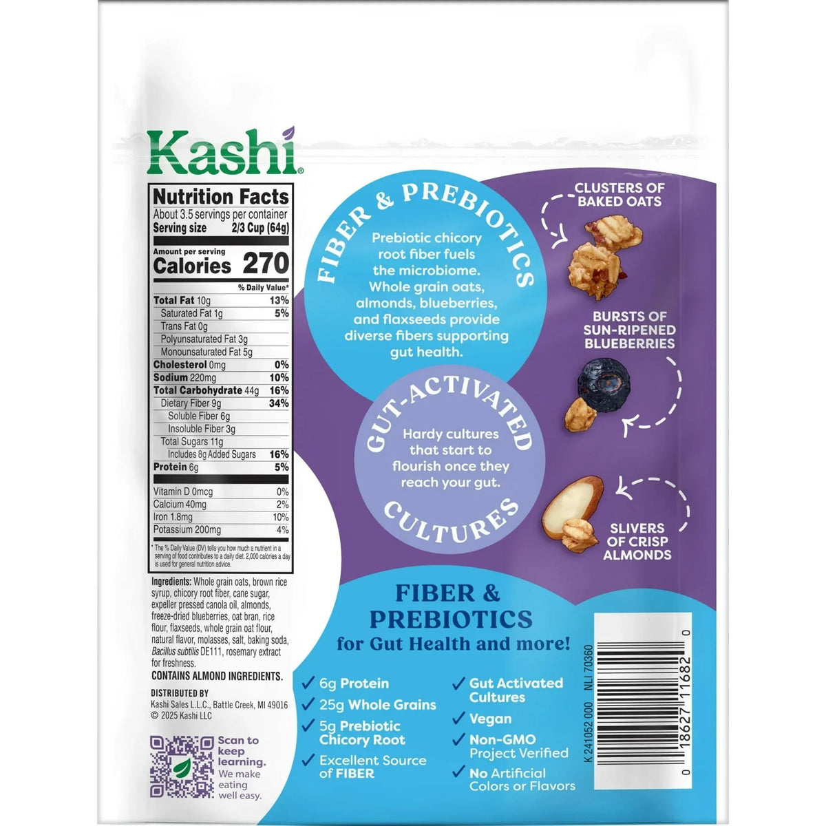 Kashi Gut Health Blueberry Almond Granola, Prebiotics and High Fiber, Whole Grain, 8 oz