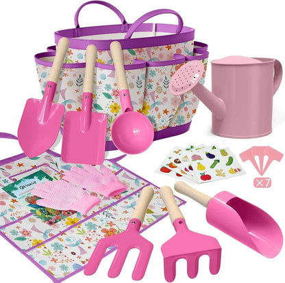 Kids Gardening Set 14Pcs Garden Tools with Tote Bag,Watering Can, Shovel, Apron, Garden Book and More Educational STEM Learning Outdoor for Toddlers Boys Girls