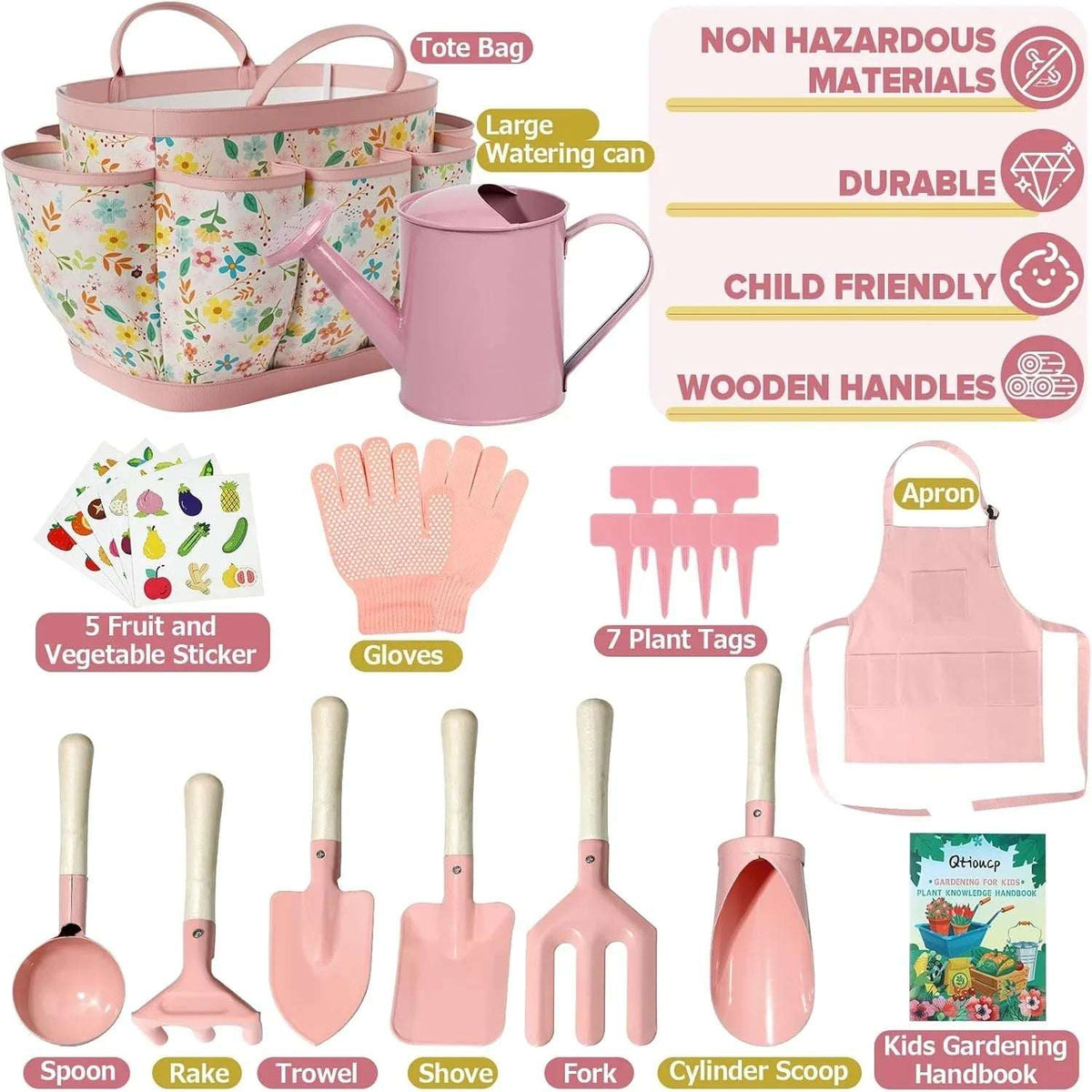 Kids Gardening Set 14Pcs Garden Tools with Tote Bag,Watering Can, Shovel, Apron, Garden Book and More Educational STEM Learning Outdoor for Toddlers Boys Girls