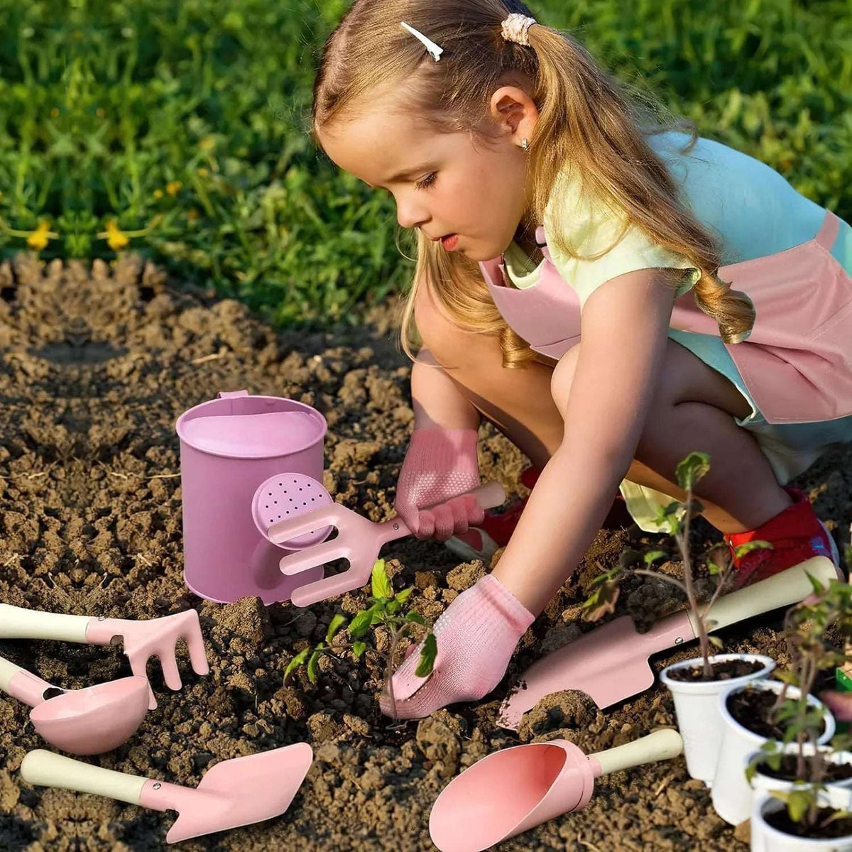 Kids Gardening Set 14Pcs Garden Tools with Tote Bag,Watering Can, Shovel, Apron, Garden Book and More Educational STEM Learning Outdoor for Toddlers Boys Girls
