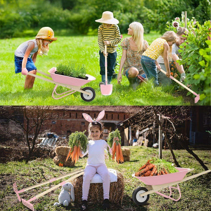 Kids Wheelbarrow Set with Gardening Tools Outdoor Backyard Garden Play for Toddlers Boys Girls 3-8, with Shovel, Rake, Leaf Rake, Easter Birthday Gifts
