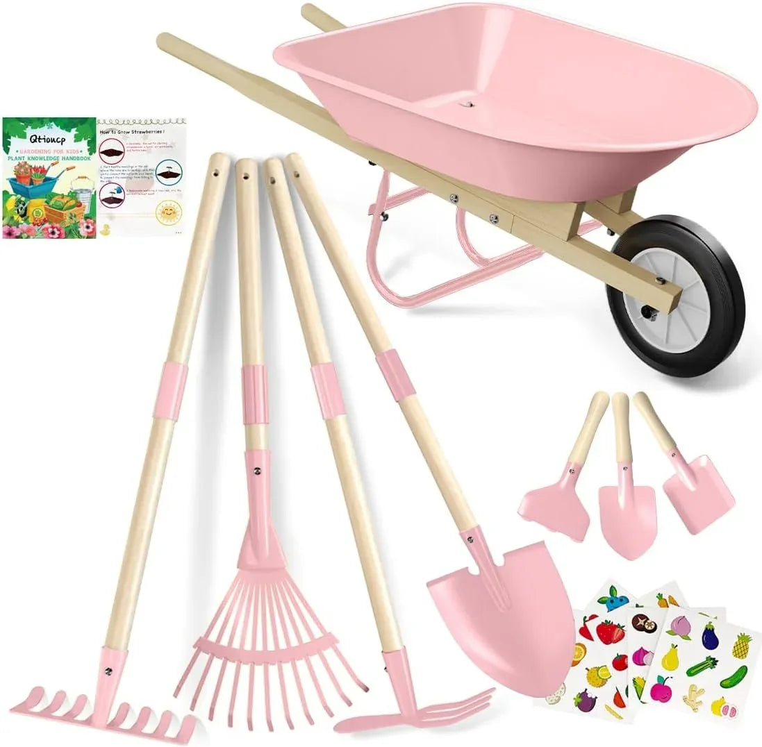 Kids Wheelbarrow Set with Gardening Tools Outdoor Backyard Garden Play for Toddlers Boys Girls 3-8, with Shovel, Rake, Leaf Rake, Easter Birthday Gifts