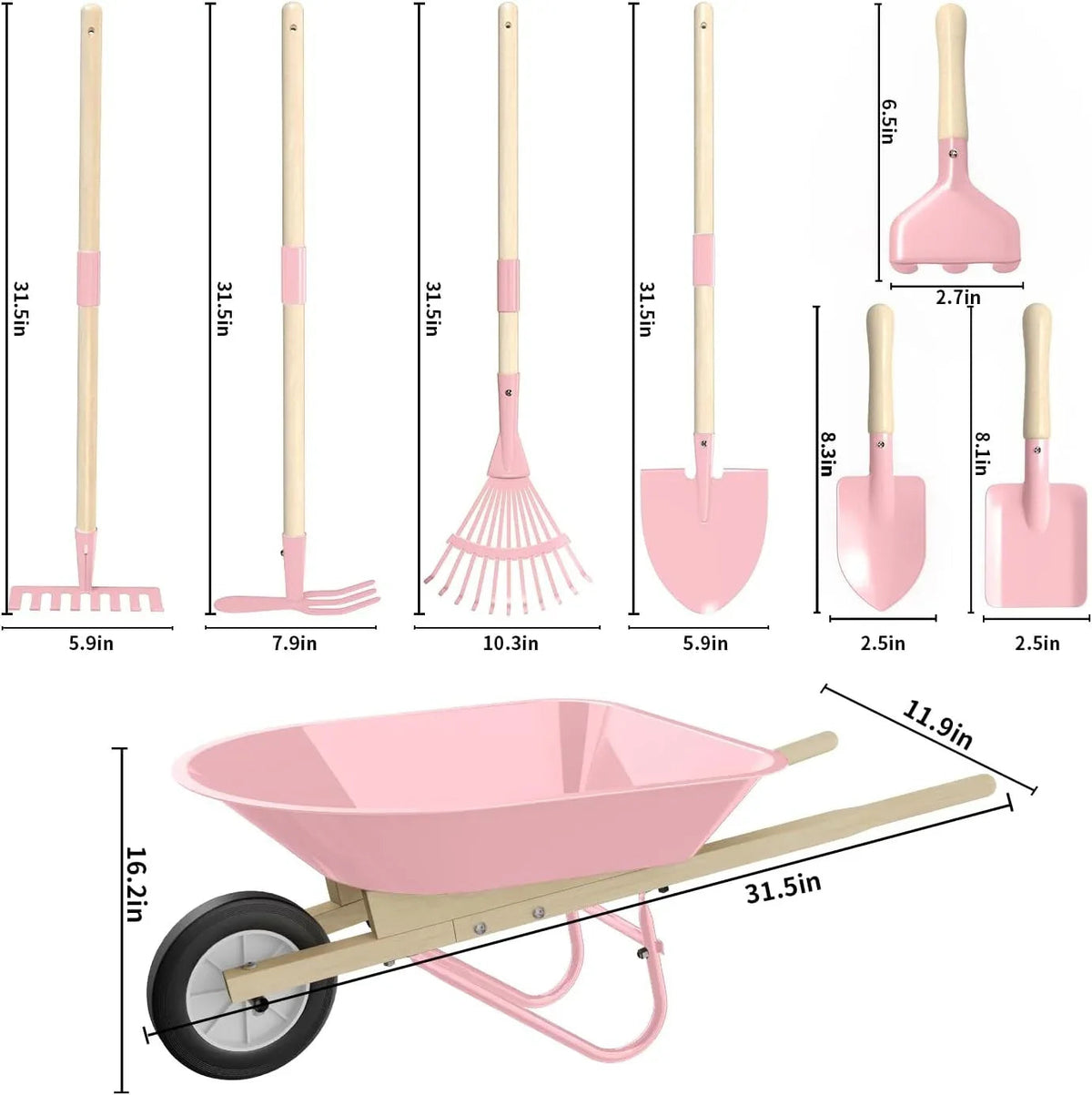 Kids Wheelbarrow Set with Gardening Tools Outdoor Backyard Garden Play for Toddlers Boys Girls 3-8, with Shovel, Rake, Leaf Rake, Easter Birthday Gifts