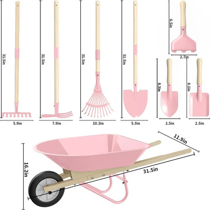 Kids Wheelbarrow Set with Gardening Tools Outdoor Backyard Garden Play for Toddlers Boys Girls 3-8, with Shovel, Rake, Leaf Rake, Easter Birthday Gifts