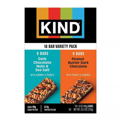 Kind Dark Chocolate & Peanut Butter Dark Chocolate Nut Bars Variety Pack, 6-7g Protein, 18 pk./1.4 oz.