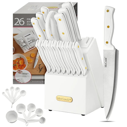 McCook DISHWASHER SAFE MC701 Knife Sets of 26, Stainless Steel Kitchen Knives Block Set with Built-in Knife Sharpener, Measuring Cups and Spoons