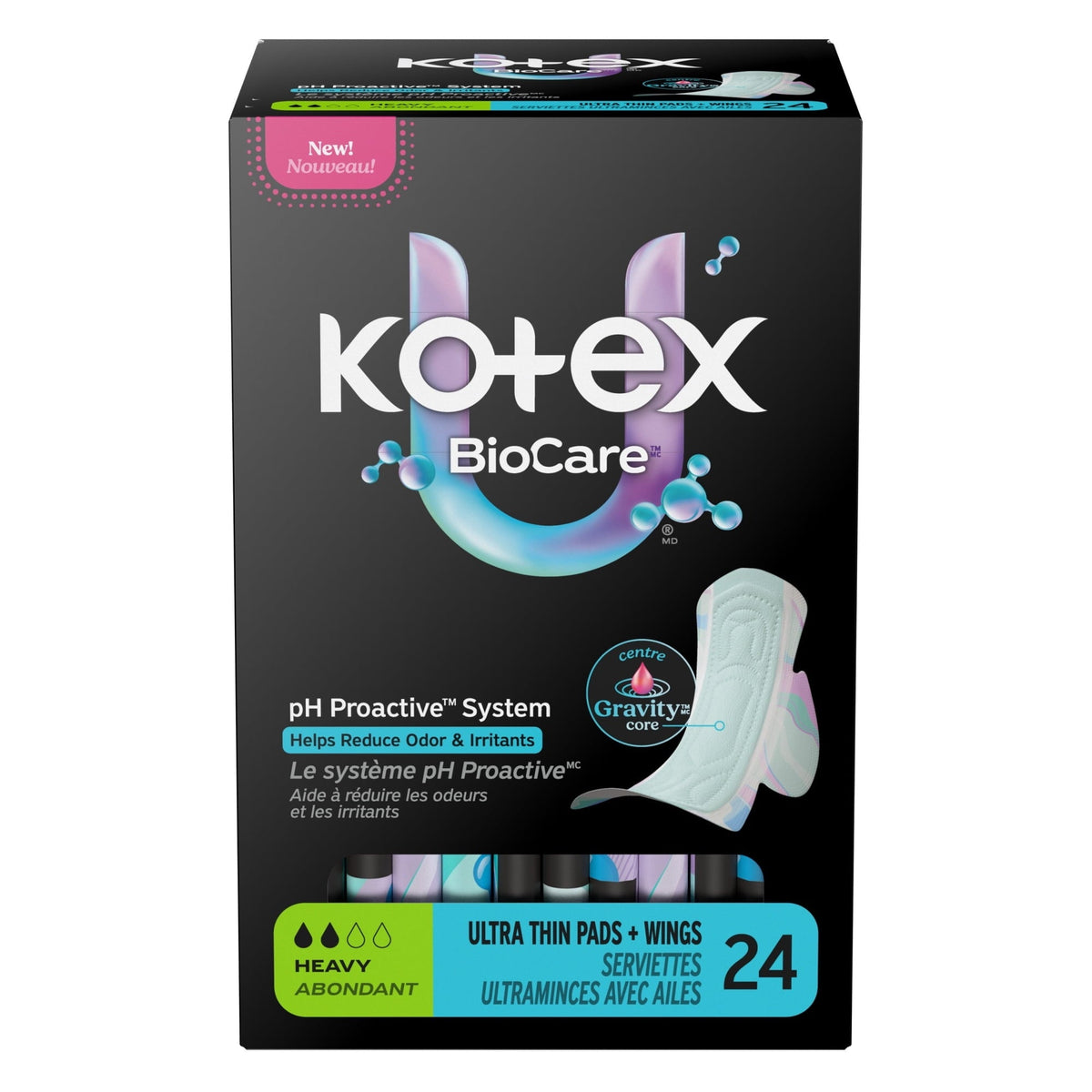 Kotex BioCare Ultra Thin Pads with Wings, Heavy Absorbency, 24 Count (PACK OF 3 )