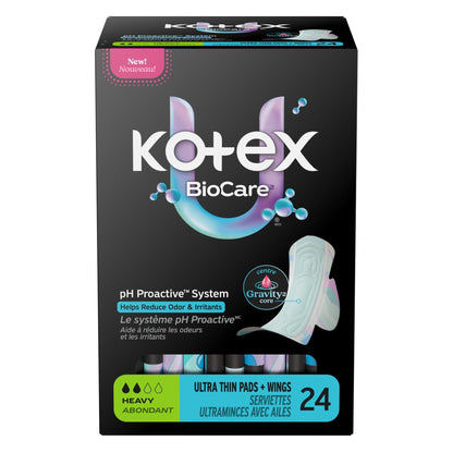 Kotex BioCare Ultra Thin Pads with Wings, Heavy Absorbency, 24 Count (PACK OF 3 )