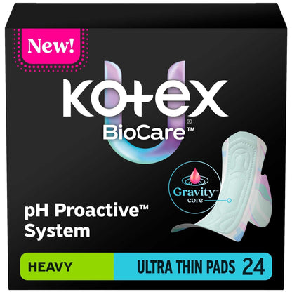 Kotex BioCare Ultra Thin Pads with Wings, Heavy Absorbency, 24 Count (PACK OF 3 )