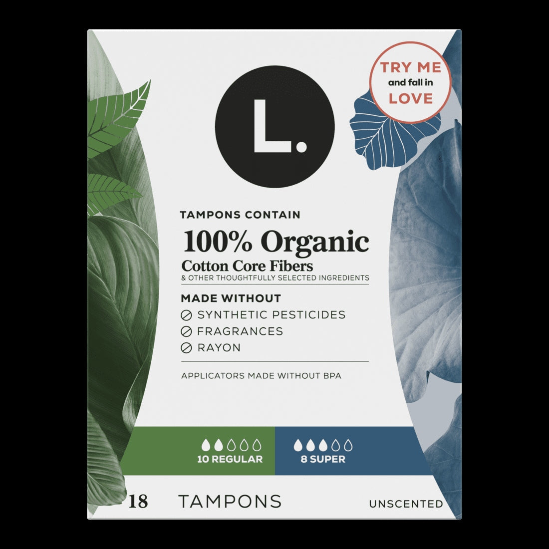L. Tampons, Regular/Super Absorbency, Made with Organic Cotton, 18 Count