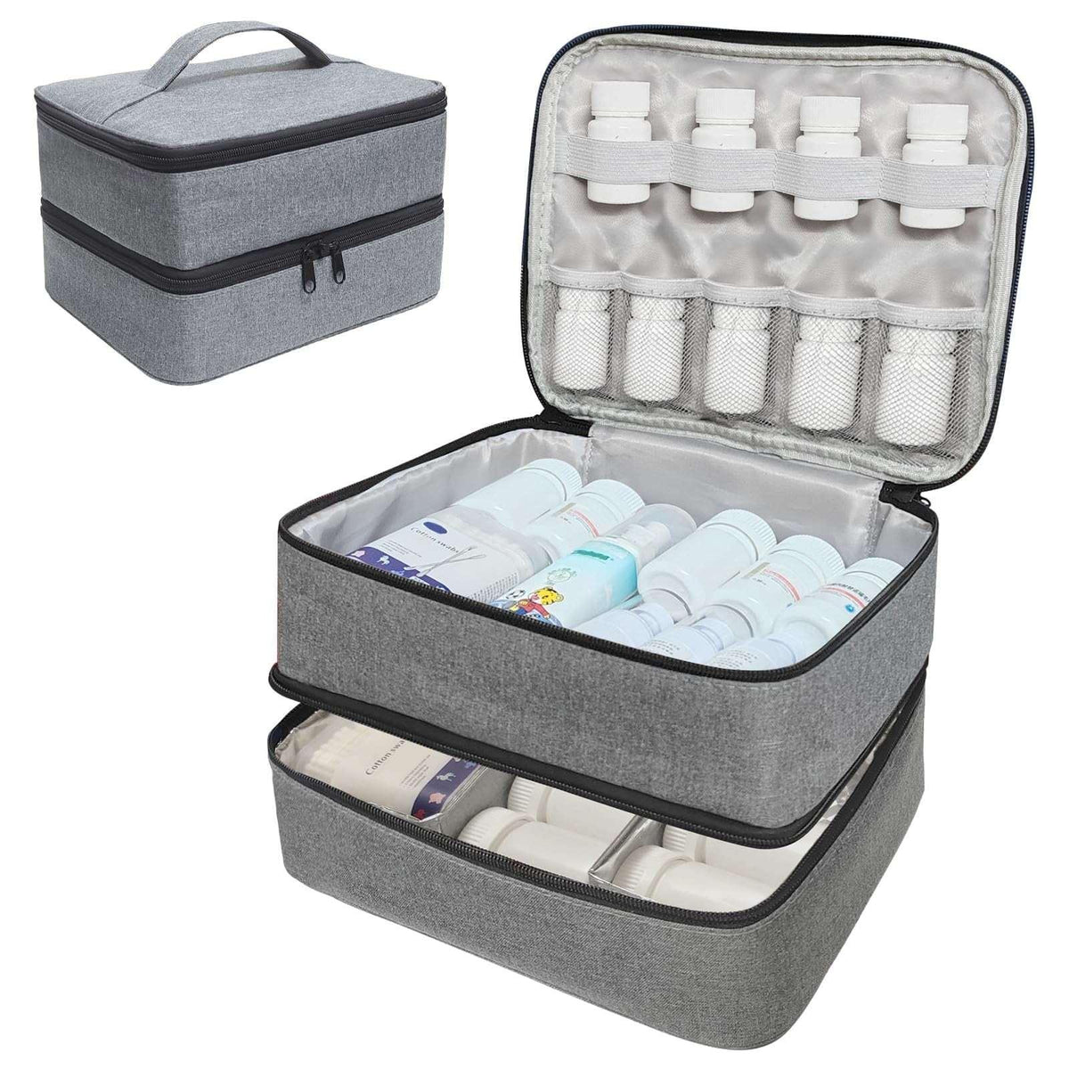LAKYRIK Medicine Bag, Double Layers Pill Bottle Organizer Bag for Emergency Medication,Supplements or Medical Kits, Zippered Lockable Empty Medicine Bag for Home (Grey, M)