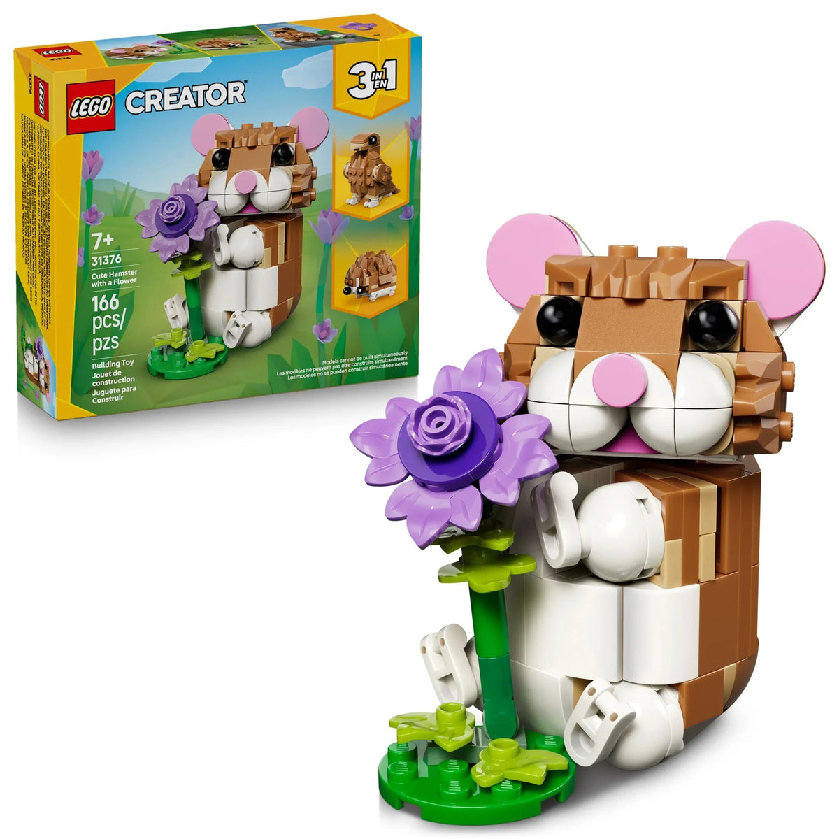 LEGO Creator 3 in 1 Cute Hamster with a Flower - Building Toy for Girls & Boys, Ages 7+ - Easter Basket Stuffer for Kids - Build a Hamster, Hedgehog or Eagle - 31376