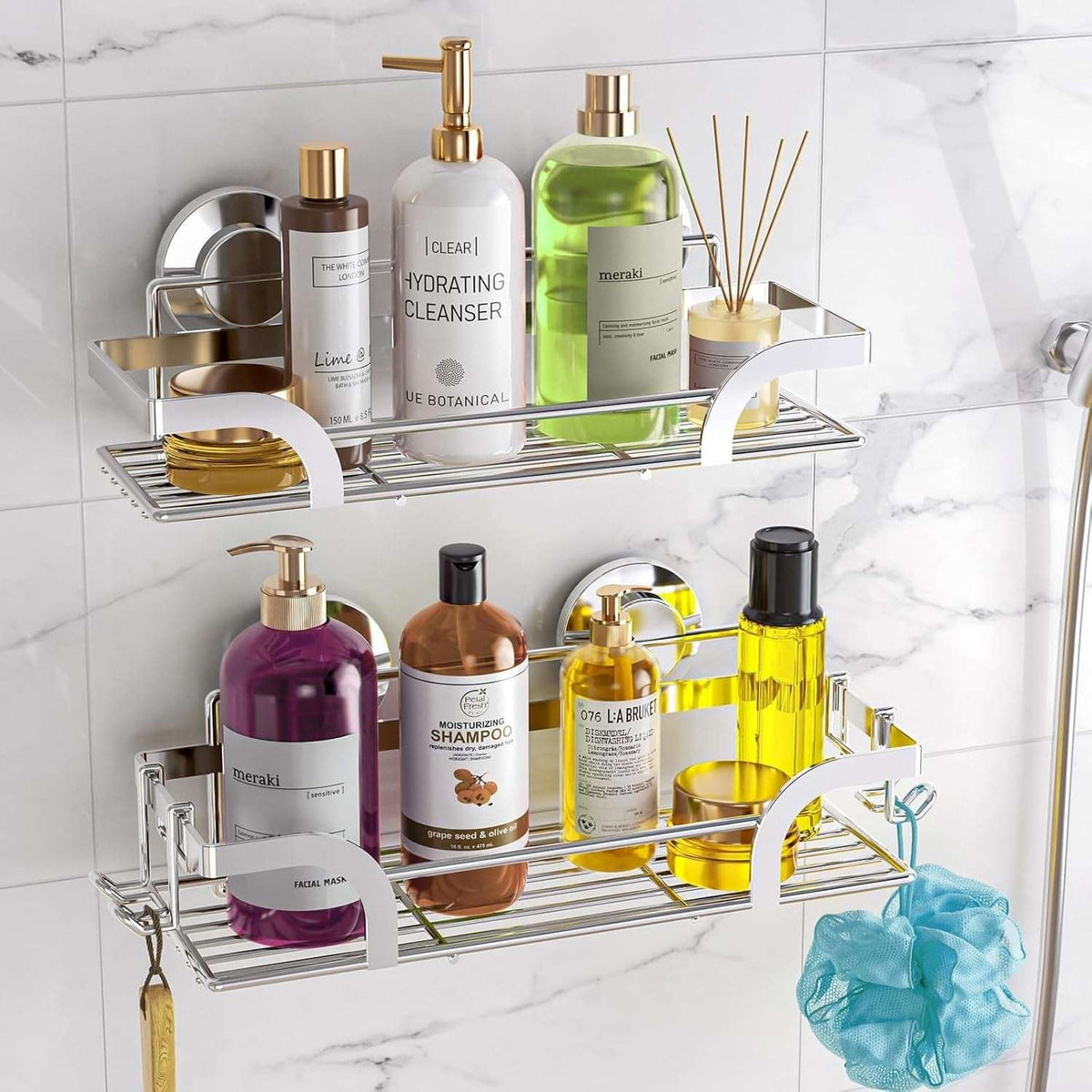 LEVERLOC Shower Caddy Suction Cup Set Shower Organizer & Soap Holder & Toothbrush Holder, Bathroom Shelf Basket NO-Drilling, Removable Suction Storage Waterproof Bathroom Caddy