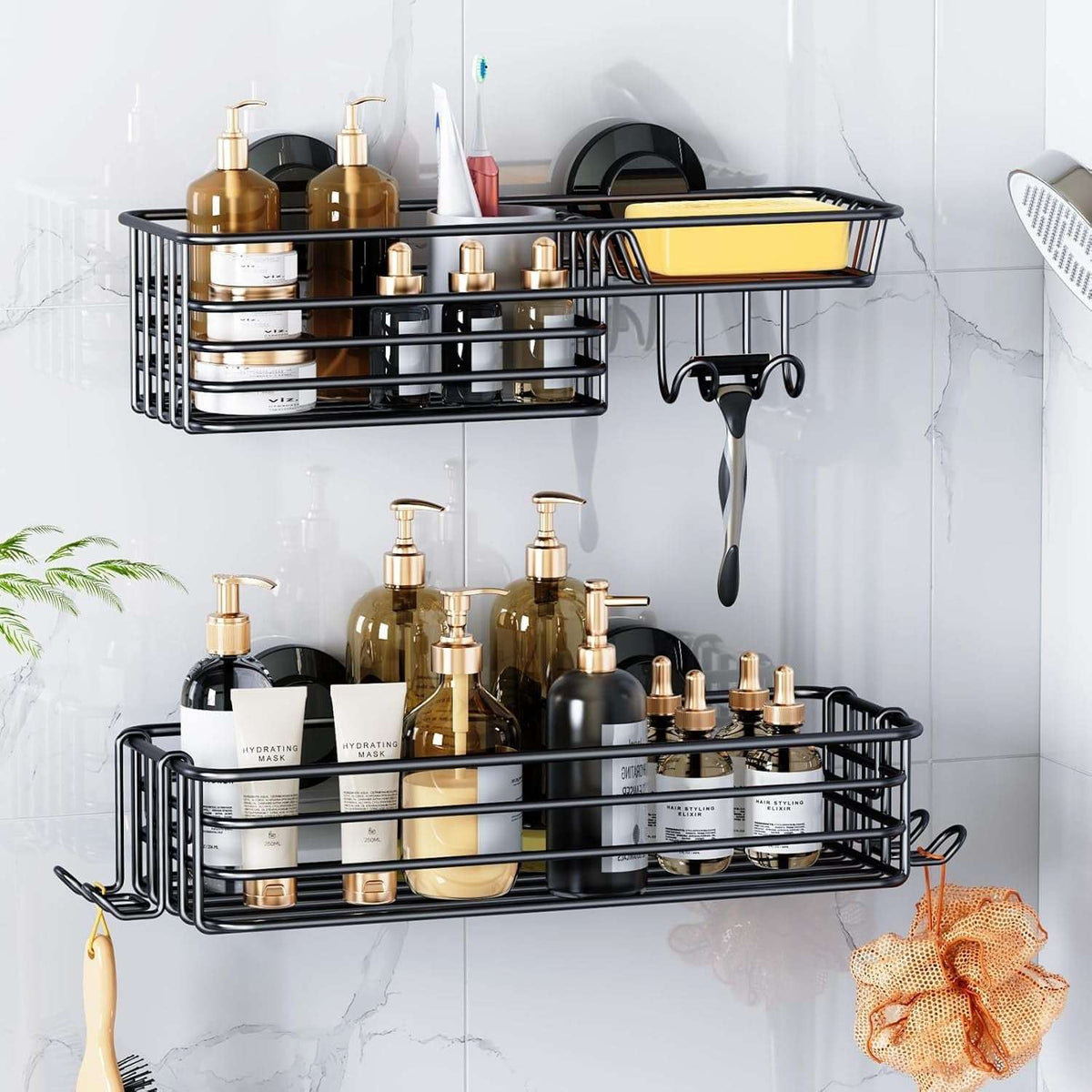 LEVERLOC Shower Caddy Suction Cup Set Shower Organizer & Soap Holder & Toothbrush Holder, Bathroom Shelf Basket NO-Drilling, Removable Suction Storage Waterproof Bathroom Caddy
