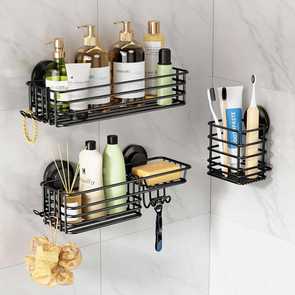 LEVERLOC Shower Caddy Suction Cup Set Shower Organizer & Soap Holder & Toothbrush Holder, Bathroom Shelf Basket NO-Drilling, Removable Suction Storage Waterproof Bathroom Caddy