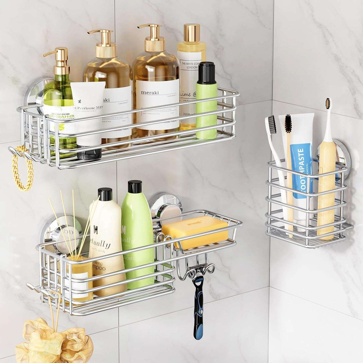 LEVERLOC Shower Caddy Suction Cup Set Shower Organizer & Soap Holder & Toothbrush Holder, Bathroom Shelf Basket NO-Drilling, Removable Suction Storage Waterproof Bathroom Caddy