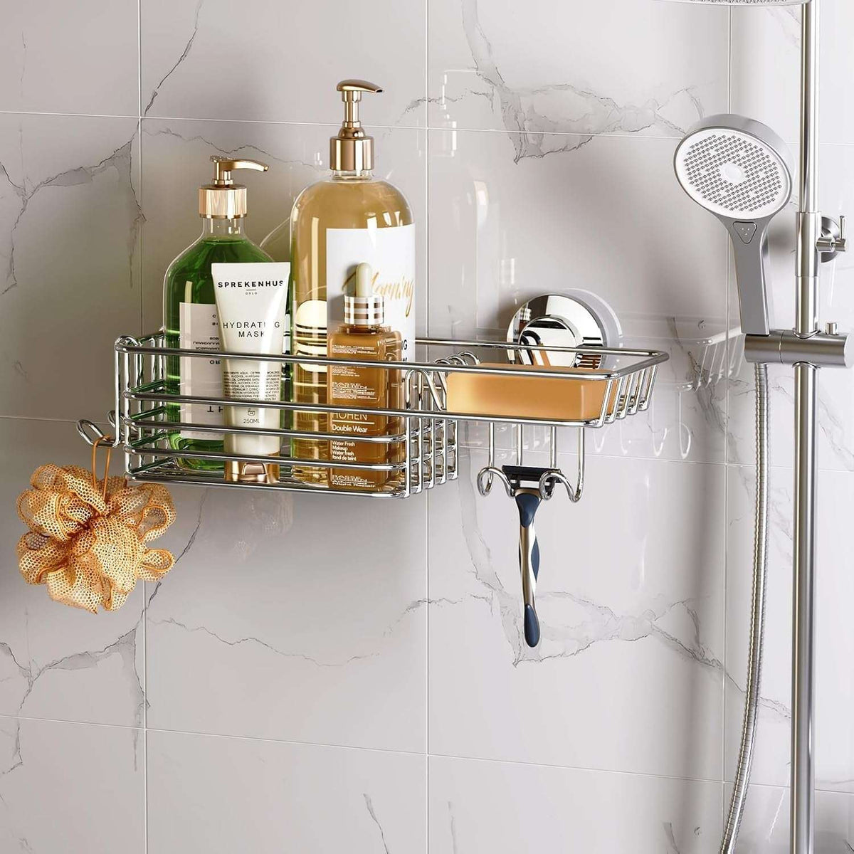 LEVERLOC Shower Caddy Suction Cup Set Shower Organizer & Soap Holder & Toothbrush Holder, Bathroom Shelf Basket NO-Drilling, Removable Suction Storage Waterproof Bathroom Caddy