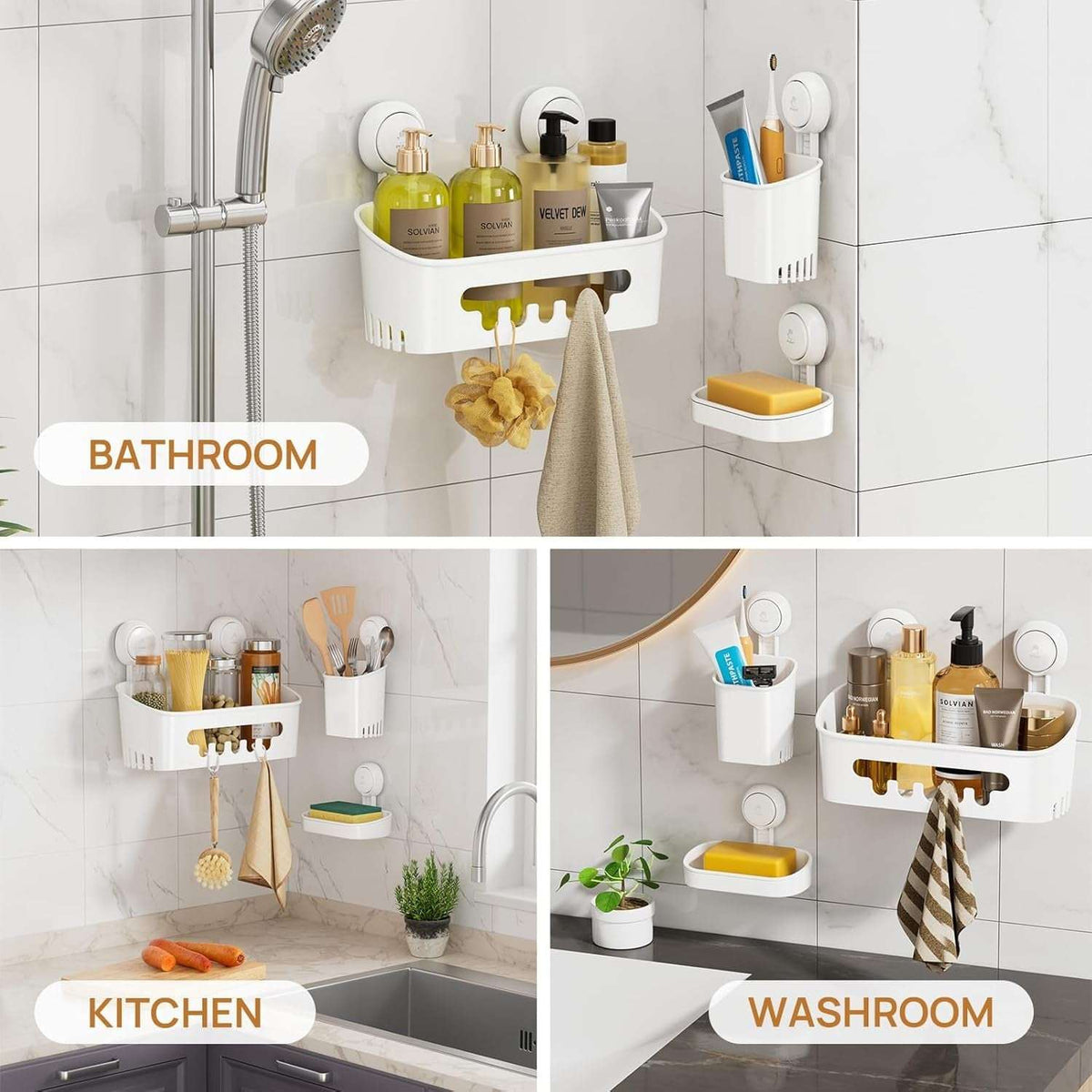 LEVERLOC Shower Caddy Suction Cup Set Shower Organizer & Soap Holder & Toothbrush Holder, Bathroom Shelf Basket NO-Drilling, Removable Suction Storage Waterproof Bathroom Caddy