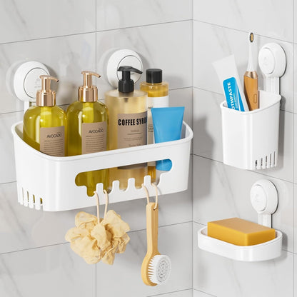 LEVERLOC Shower Caddy Suction Cup Set Shower Organizer & Soap Holder & Toothbrush Holder, Bathroom Shelf Basket NO-Drilling, Removable Suction Storage Waterproof Bathroom Caddy