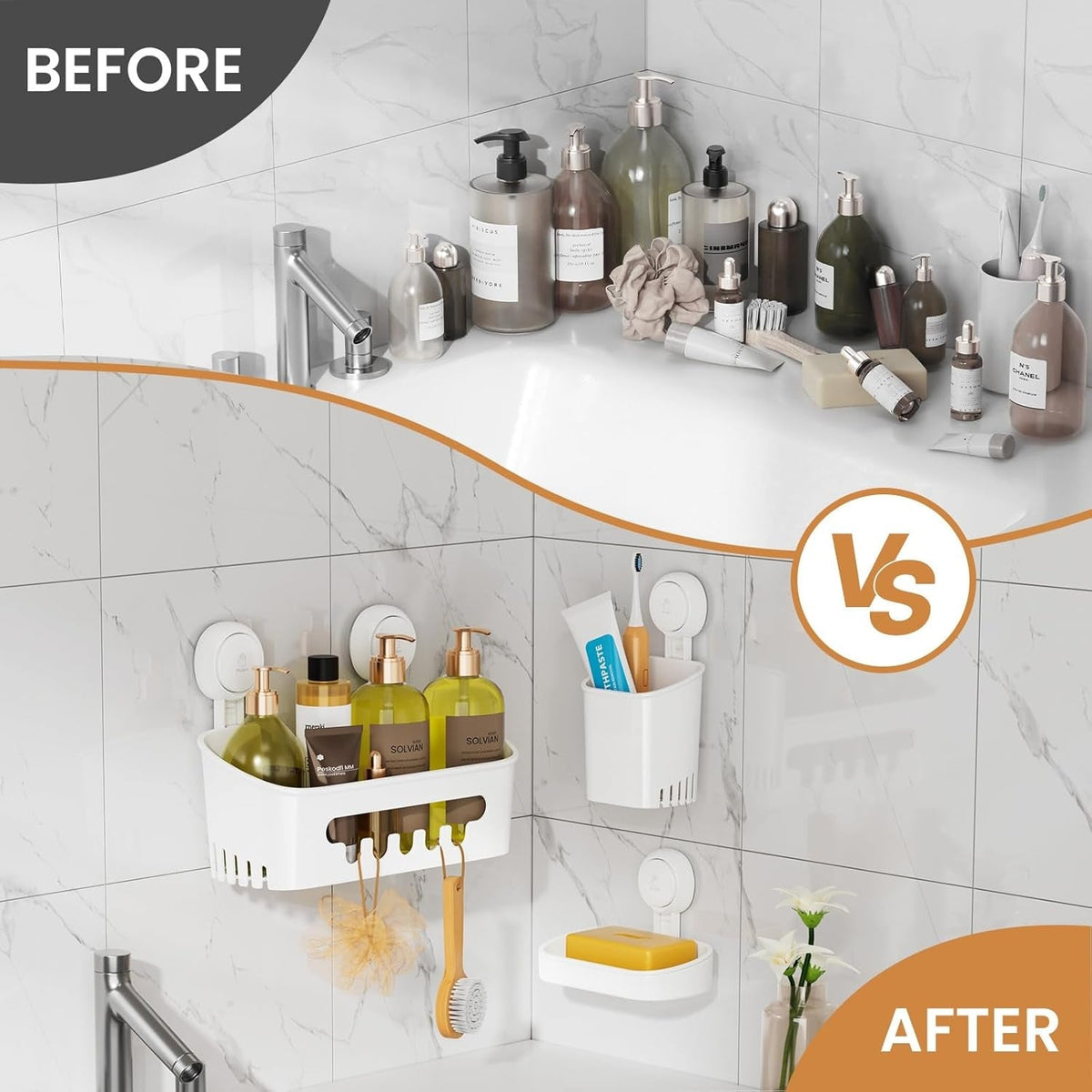 LEVERLOC Shower Caddy Suction Cup Set Shower Organizer & Soap Holder & Toothbrush Holder, Bathroom Shelf Basket NO-Drilling, Removable Suction Storage Waterproof Bathroom Caddy